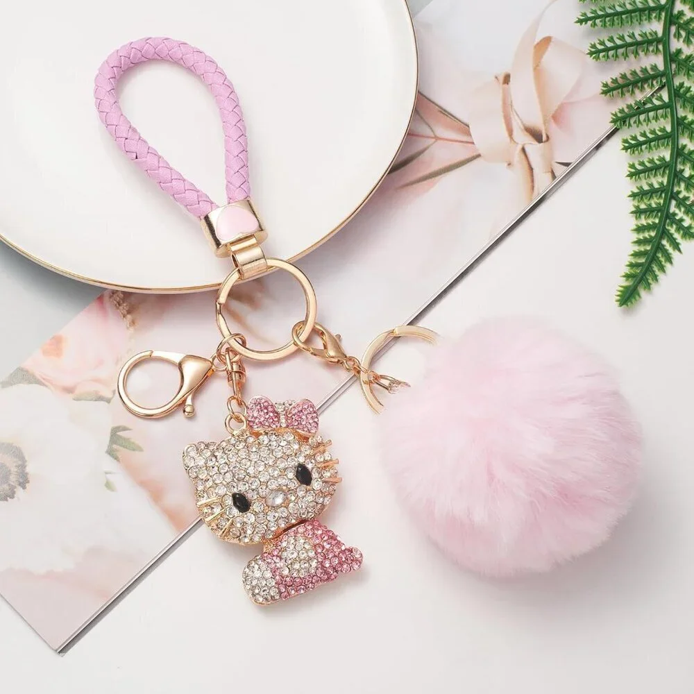 Pink Pom Pom Keychain for Women Girls Kawaii Fluffy Bag Charm Decor